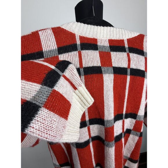 90s Vintage Plaid Wool-Blend Knit Cardigan Sweater Red Black White, Size Medium - Picture 8 of 11